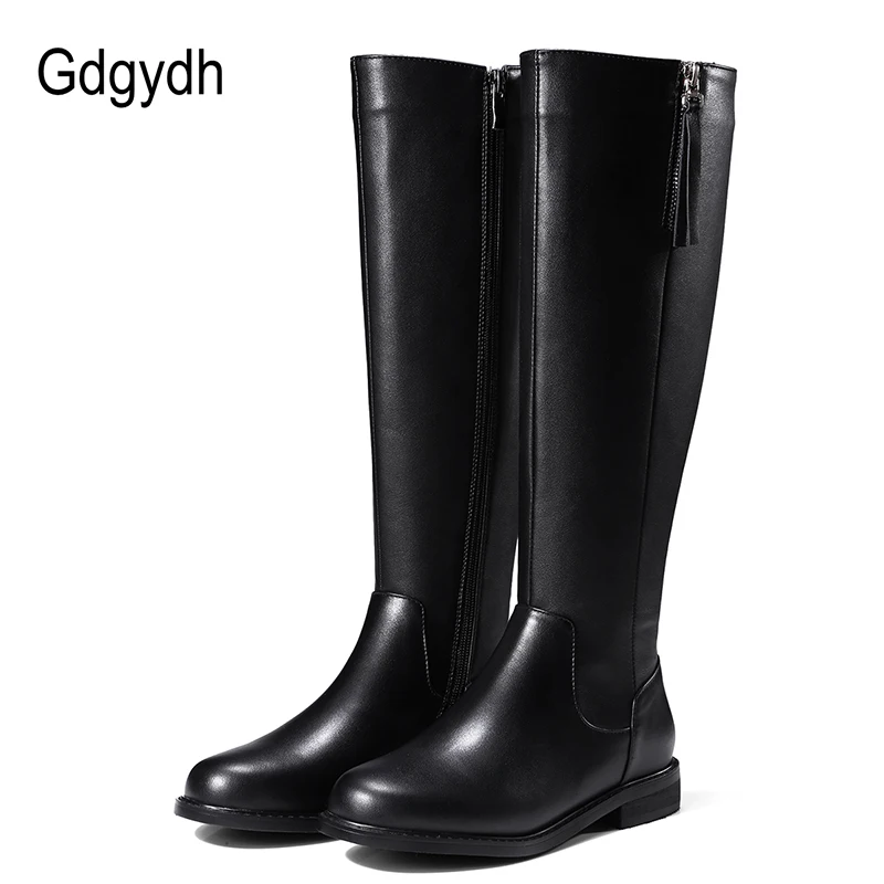 Kopen Gdgydh 2018 Herfst Dames Knie Hoge Laarzen Lederen Vrouwen Laarzen Vierkante Hakken Winter Ronde Neus Vrouwelijke Schoenen Big Size 34 42