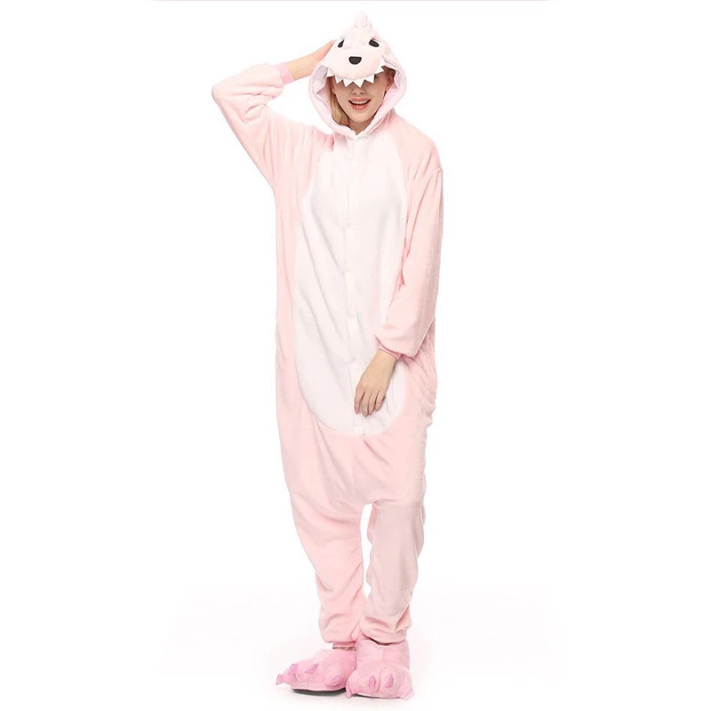Пижама для взрослых; пижамы с единорогом; комплекты кигуруми с изображением панды из мультфильма; женская зимняя Фланелевая Пижама унисекс; пижамы с единорогом; одежда для сна - Цвет: Pink dragon
