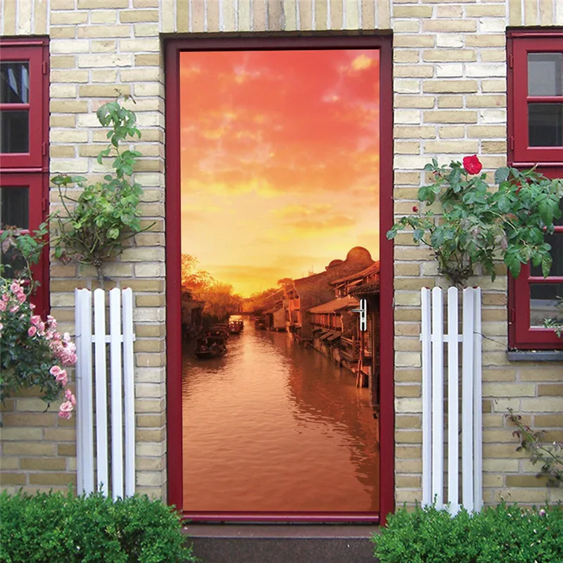 

3D River Sight And Red Glowing Door Picture Mural Sickers Door Sticker Wallpaper Decals Home Decoration HC20181212006