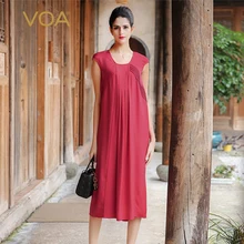 VOA Silk Red Maxi Women Dresses Solid Short Sleeve Draped Mid-Calf Casual Square Collar Summer Vestido A6532