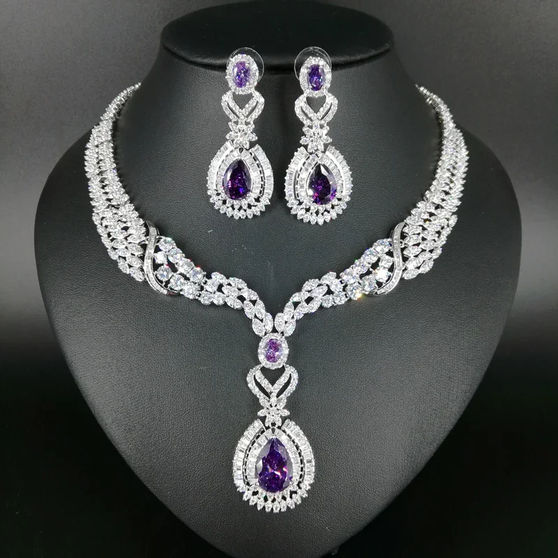 

New fashion luxury romantic palace purple water drop zircon necklace earring set,wedding bride banquet jewelry free shipping!