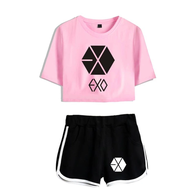 EXO Kpop Bangtan Boys Crop Top Women T shirt Summer Shorts And T-shirt Women Fashion Clothes (5)