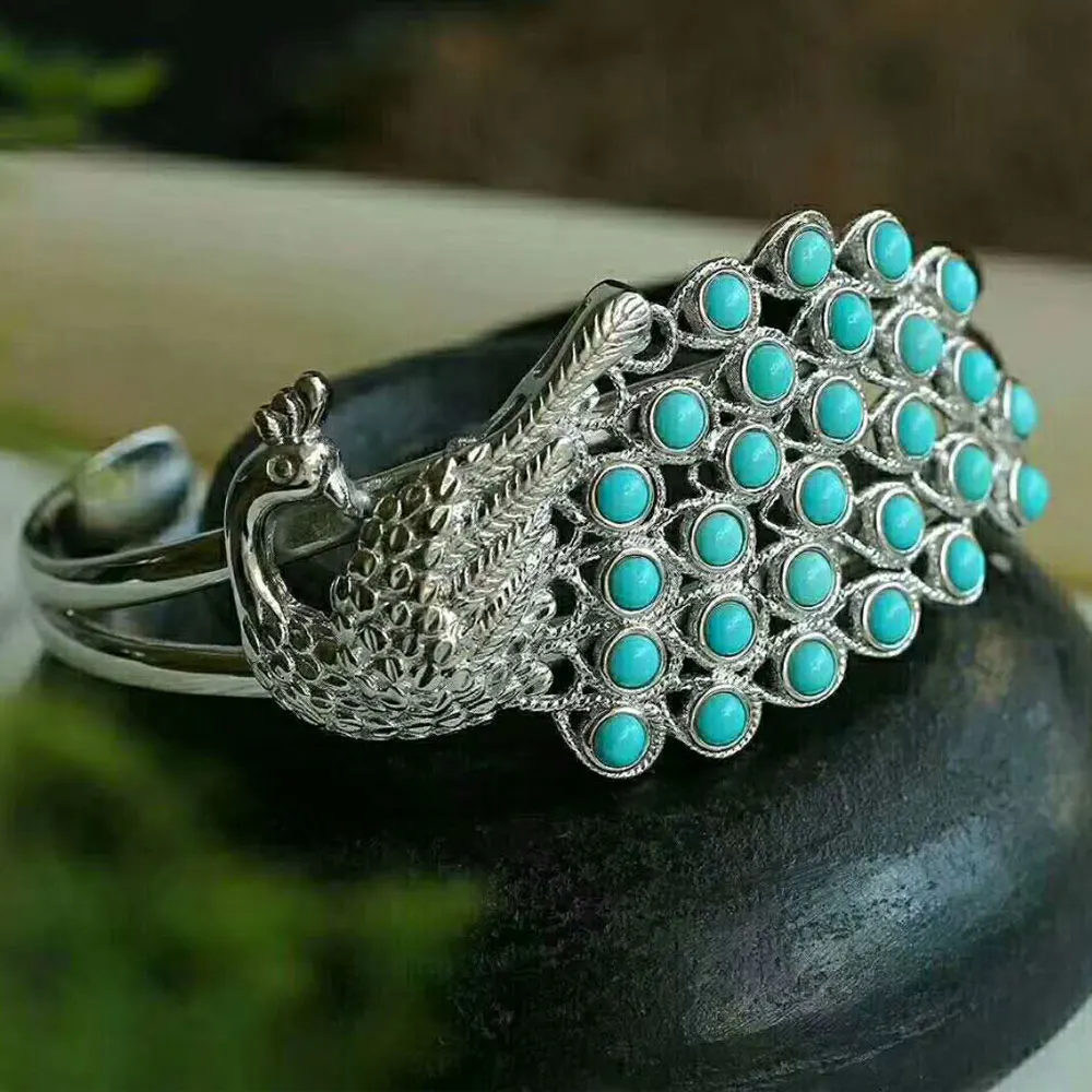 

RADHORSE 925 Silver Bangles for Women Fine Jewelry Turquoise Peacock luxurious Modeling Original design adjustable Bangles