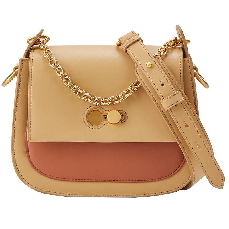 

2019 New Style Wide Shoulder Strap Fashion Color Matching Saddle Bag Leather Messenger Bag