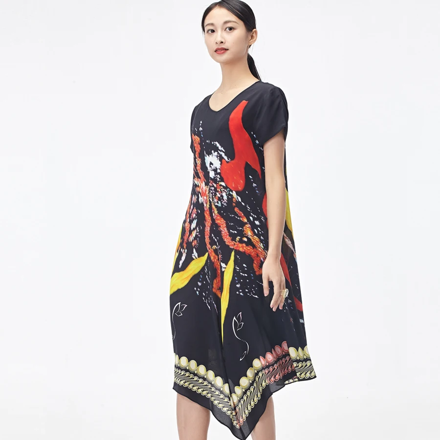 Летние женские платья Свободные Платья с цветочным принтом sommer kleid натуральный шелк уличная одежда черного цвета Большие размеры