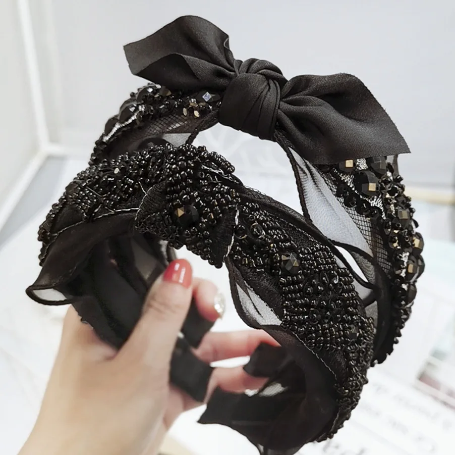 

High Quality Black Hair Hoop Hairband Elegant Rhinestone Beads Bow knot Headbands Hair Band Hair Accessories For Women Shining