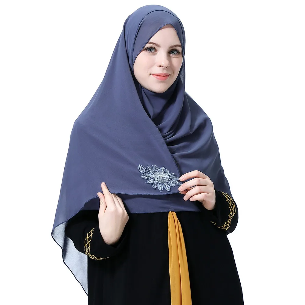 

1 pc chiffon hijab scarf shawls Ladies muslim fashion plain wraps headband with beads flower pearls long scarves/scarf 180*75cm
