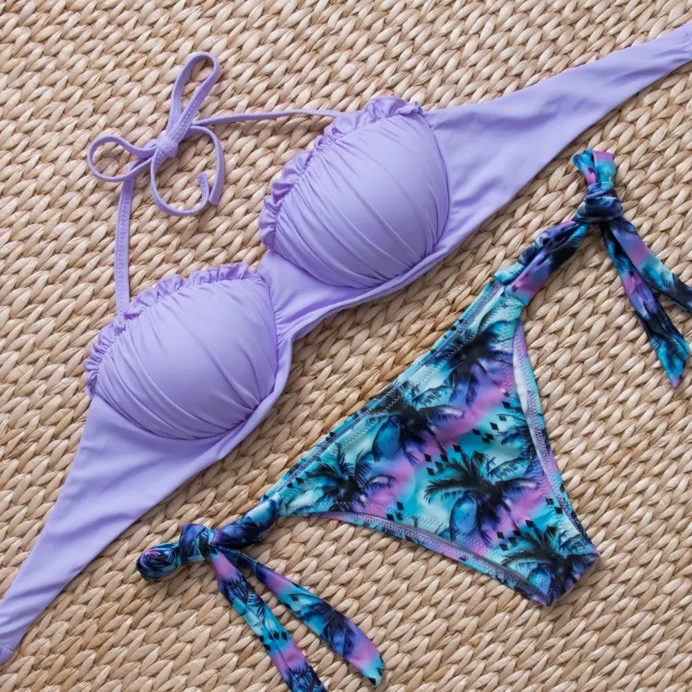 

X-HERR Sexy Swimwear Women Purple Halter Shell Bikini Set 2016 Palm Tree Print Push Up Brazilian Swimsuits Bathing Suits Female