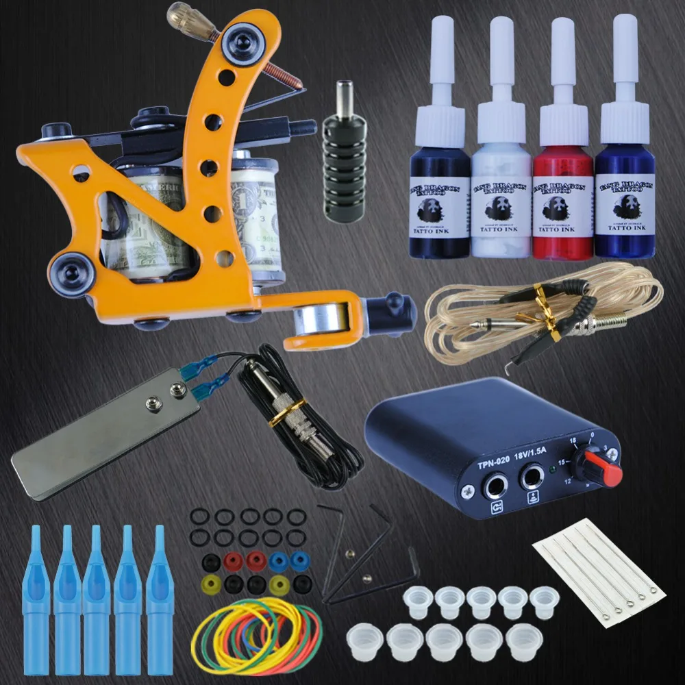 Professional Complete Tattoo Kits Set Tattoo Machine Power Supply 4 Color Inks Pigment Tattoo