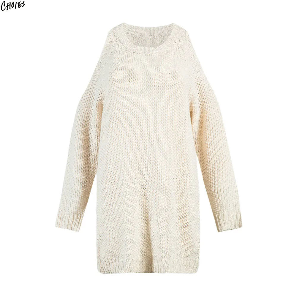 

Beige Cold Shoulder Knitted Sweater Dress Autumn Long Sleeve Round Neck Straight Loose Shift 2017 New Mini Dresses