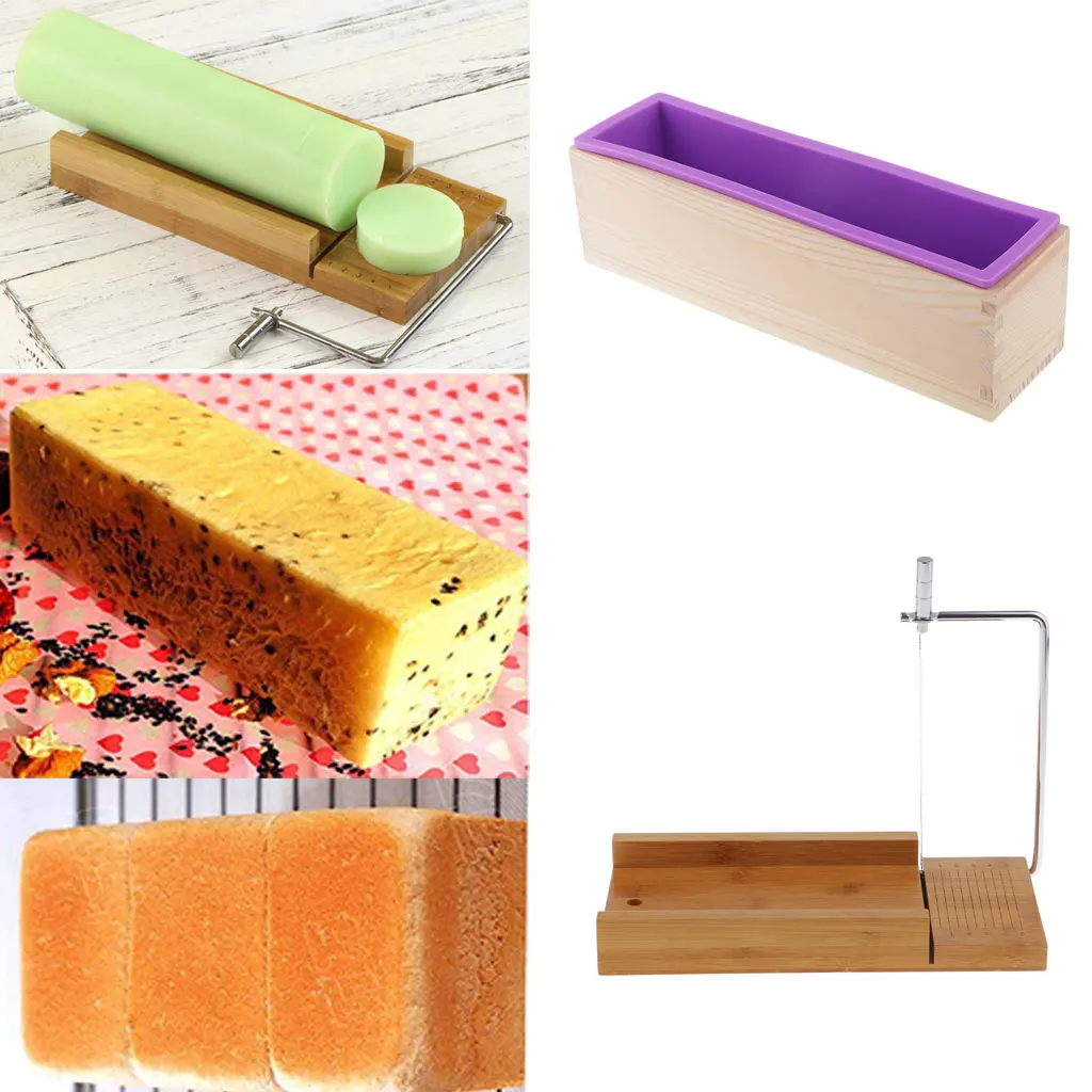 2pcs Soap Loaf Cutter Making Tool Kit, Wooden Soap Cutter Mold with Wire Slicer + 900ml Silicone Soap Making Mould
