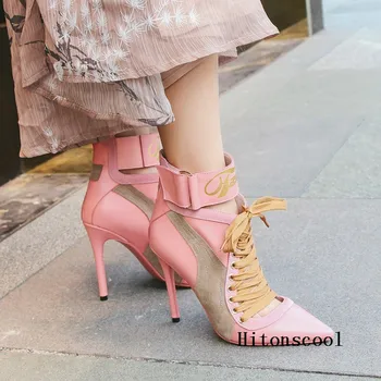 

Rihana Women Lace Up Ankle Boots Pointed Toe Patchwork High Heels Shoes Woman Fashion Short Sport Boots size 35-43 botas mujer