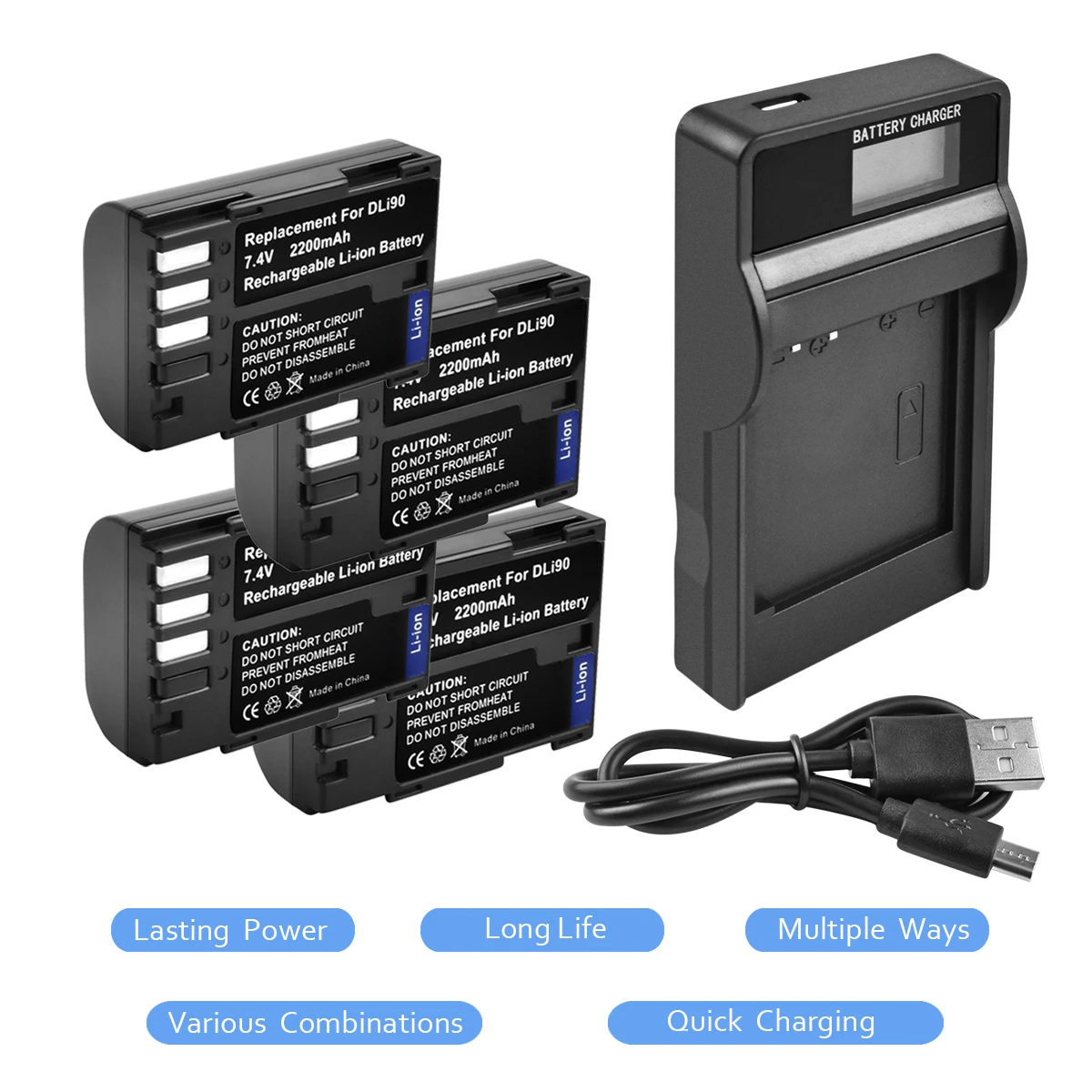 

4X 7.4V 2200mAh D-LI90 DLI90 D LI90 Battery+chager with LED For Pentax PENTAX K-7 K-7D K-5 K-5 II 645D K01 z1 K-3 K-3 II L15