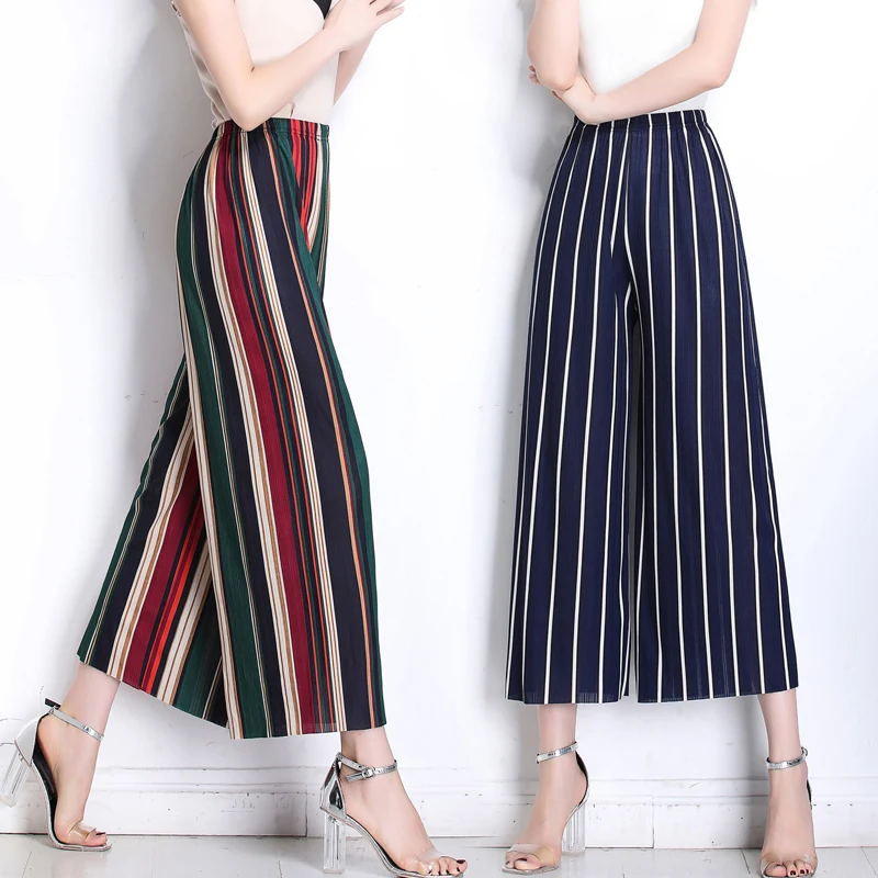 Women New Summer Wide Leg Pants Casual Loose High Elastic Waist Harem Pants Loose Chiffon Striped Elastic Office Trousers