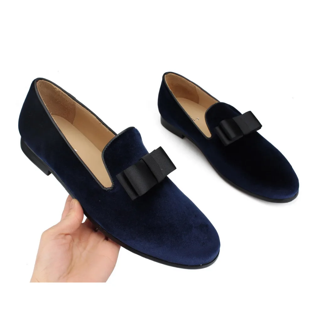 Dark blue velvet Loafers with Bow Tie (7)