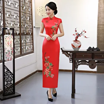 

Vintage Women Qipao Slim Print Classic High Split Lady Cheongsam Red Elegant Chinese Bride Flower Wedding Dress Vestidos 3XL 4XL