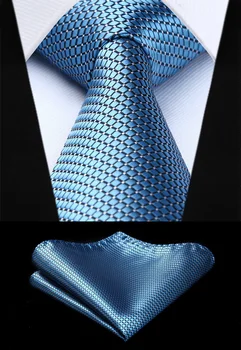 

Party Wedding Classic Pocket Square Tie TC614B8S Men Fashion Blue Check & Plaid 3.4" Silk Woven Men Tie Necktie Handkerchief Set