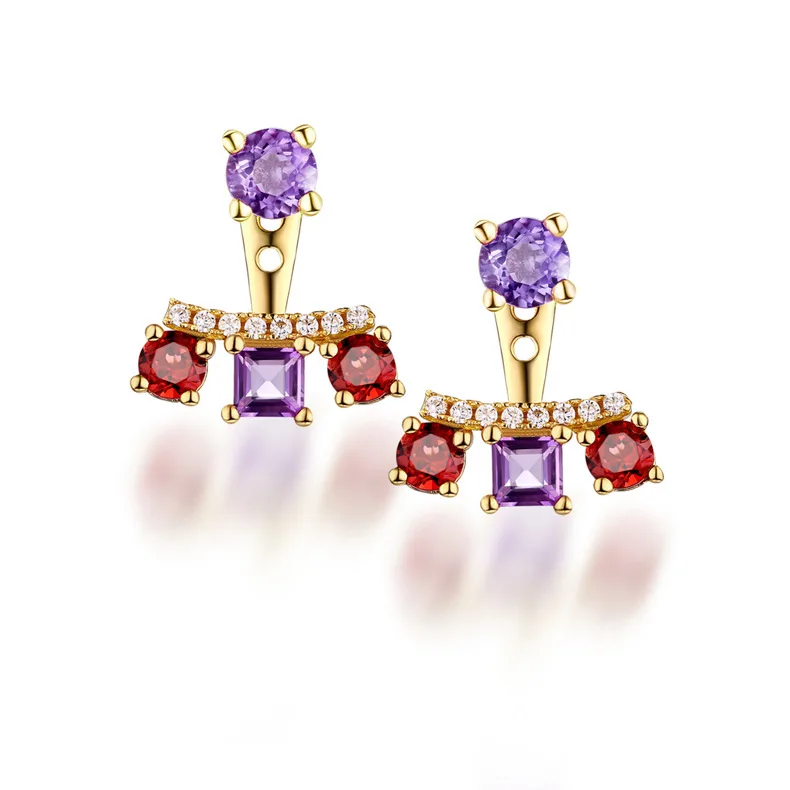 

3K gold natural amethyst garnet decorate with white zircon stud earrings for women 925 sterling silver irregular shape