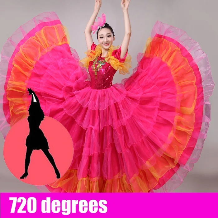 Фламенко платье Для женщин короткий рукав испанский костюм Цыганский костюм для взрослых Испания танцор этап танцевальной одежды показать 360 540 720 юбка DN3578 - Цвет: 720 degree