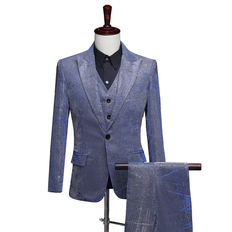 Серый синий блестящий костюм Для мужчин вечерние свадебные костюмы для мужчин для ночного клуба сценический для певца комплект из 3