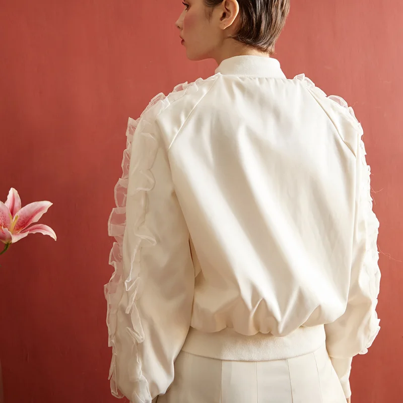 De Fendue Montant eam Printemps Mode Longues Ruches Commune Roses Col Gaze Femmes Veste Je985 Marée Manches Lâche 2019 Manteau Nouveau white ZvqIv