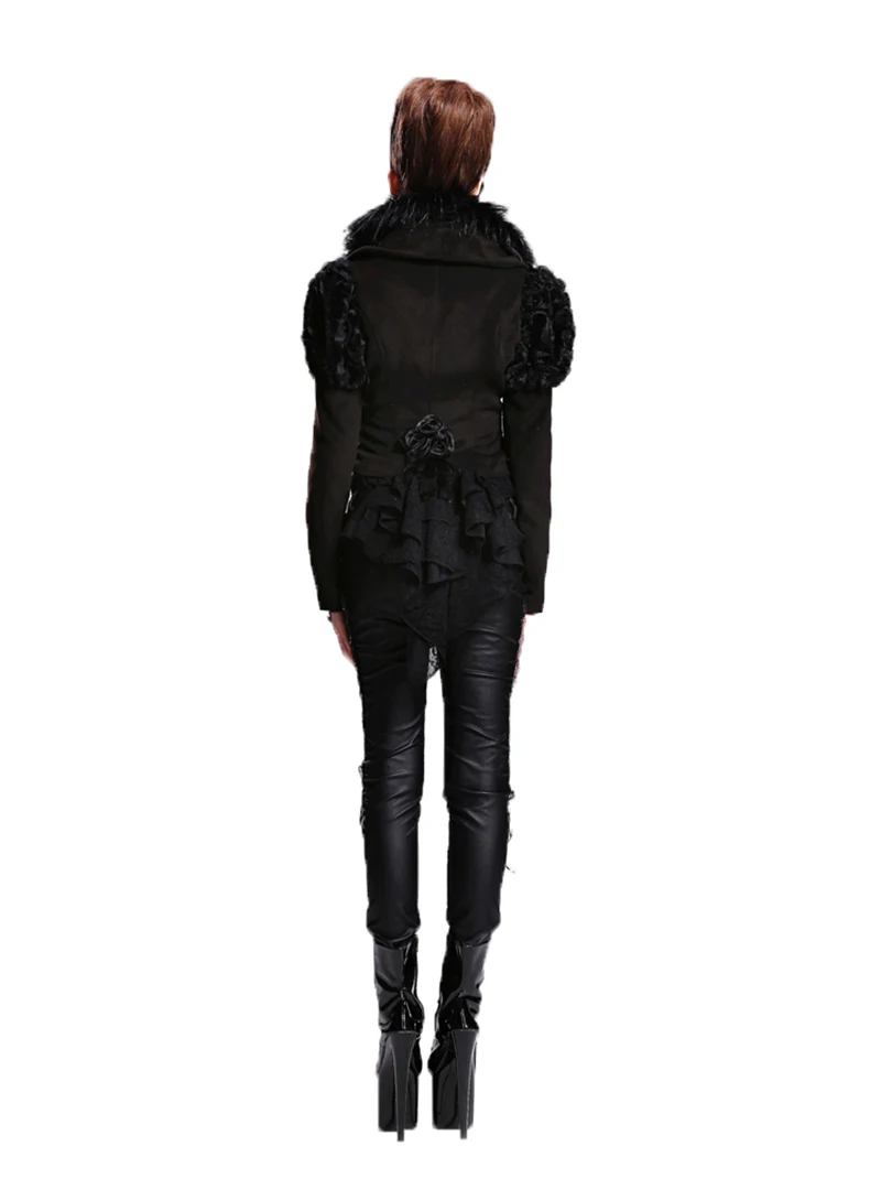Готическая Женская куртка с воротником из перьев и кружевной спинкой, короткие куртки, черные тонкие пальто на молнии, толстые теплые куртки ассиметричного кроя, новое поступление