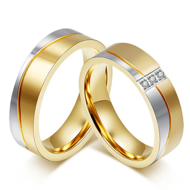 Classic Gold Color Titanium Steel Wedding Bands Promise Couple Rings Sets Alliances Marriage Gift