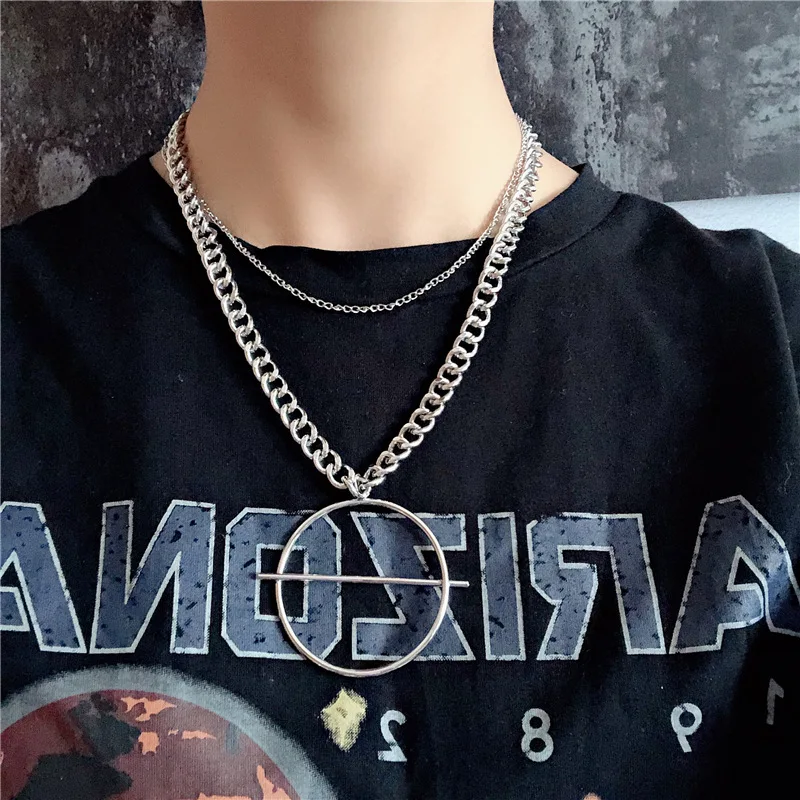 

KMVEXO Punk 2 Layers Silver Chain Choker Necklace for Women Round Pendant Collar Hip Hop Statement Necklace Couple Jewelry Gifts