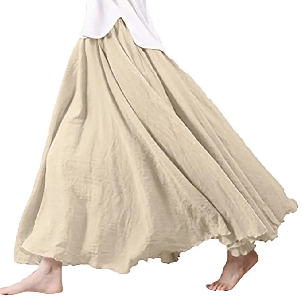 Женская льняная длинная юбка макси с высокой талией расклешённая и в складку свободная длинная юбка Повседневная Женская одежда