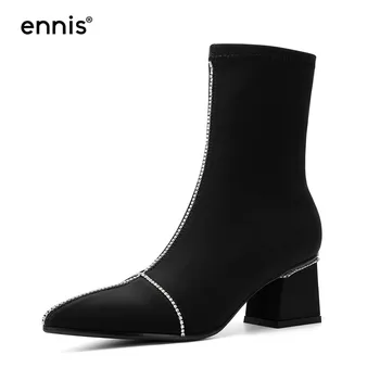 

ENNIS 2019 Fashion Lycra Stretch Boots High Heel Women Ankle Boots Pointed Toe Black Blue Shoes Rhinestones Female Boots A983