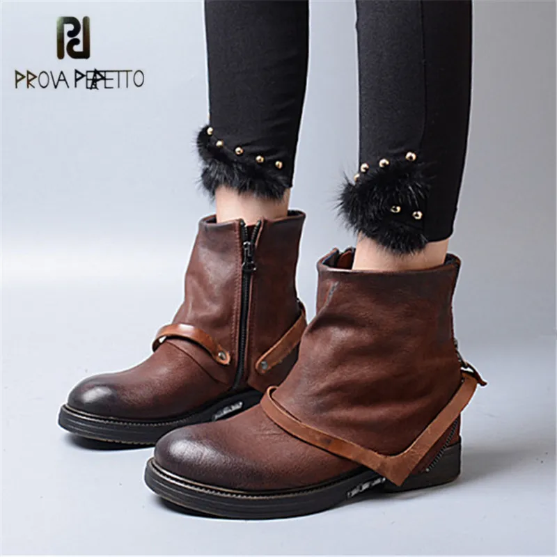 

Prova Perfetto Autumn Winter Genuine Leather Ankle Boots for Women Retro Strap Decor Female Flat Botas Mujer Rubber Shoes Woman