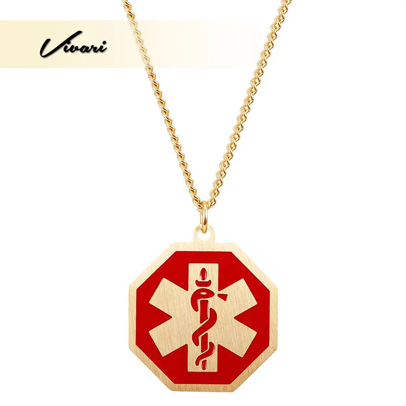 

Vivari Medical ID Alert Engraving Necklace Gold Color Stainless Steel Octagon Pendant For Women And Men Choker Fashion Jewelry