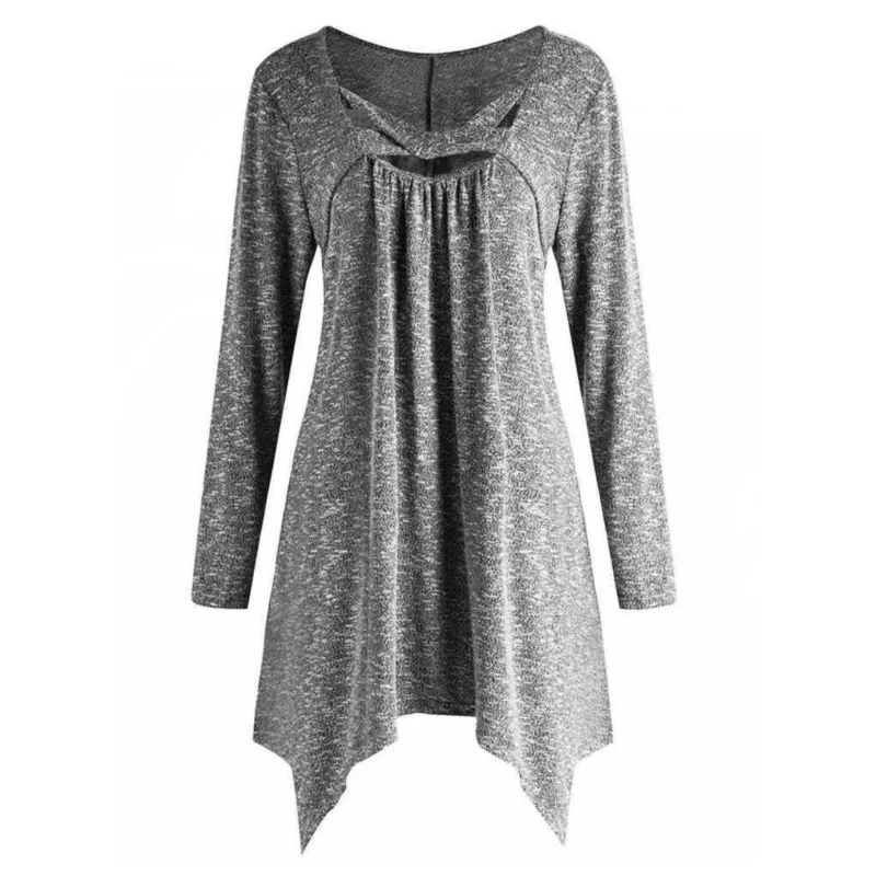 

Women Autumn Dress Round Neck Cross Irregular Hem Long Sleeves Pullover Dresses QL Sale