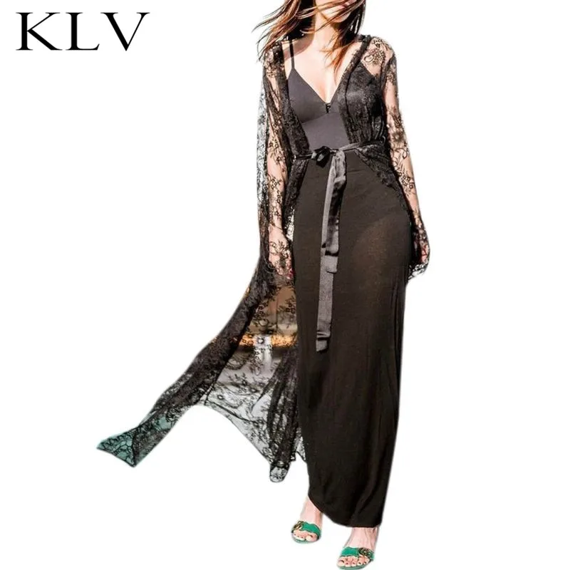 

Womens Long Sleeve Summer Sexy Sheer Eyelash Lace Kimono Cardigan Open Front Self-Tie Bikini Cover Up Maxi Long Loose Beach Robe