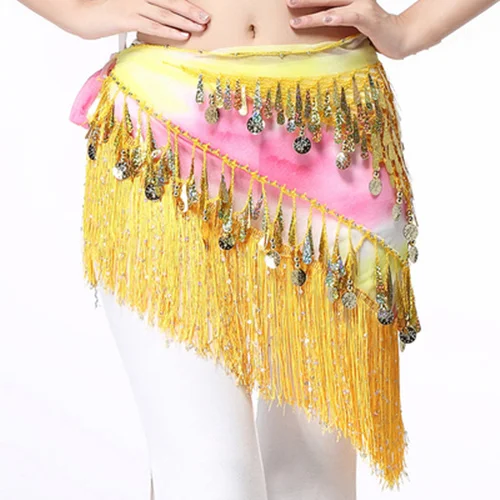 Women Belly Dance Clothing Accessories Teardrop Paillettes Fringe Wrap Elastic Base Tie-Dye Triangle Belts Coins Hip Scarf Yellow with sequins