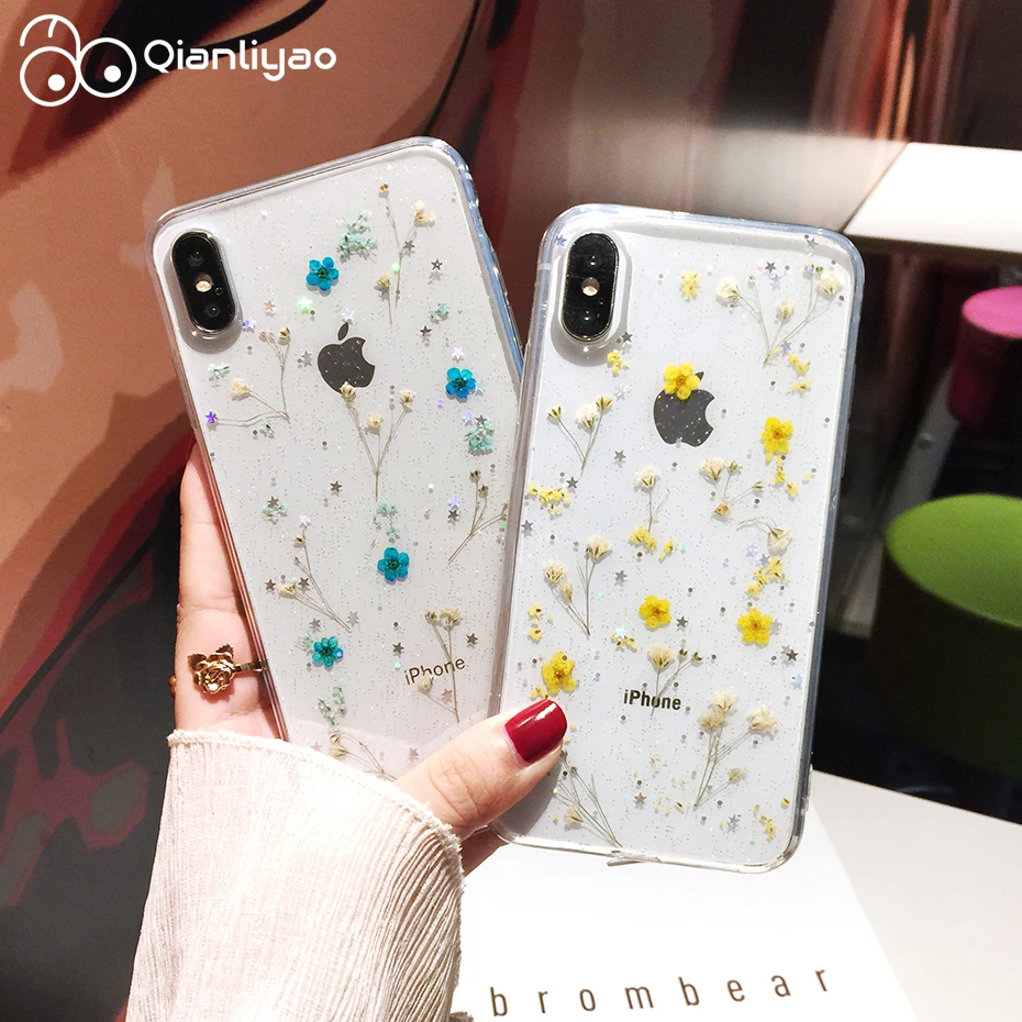 Qianliyao Real Dry Flower Glitter Clear Case For iPhone 12 Pro Max X 7 8 Plus 6 6s Phone Case For iphone 11 XR XS Max SE Cover