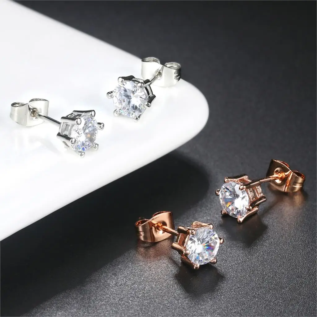 Six Claws 5mm 0.5ct CZ Crystal Rose Gold Color Stud Earrings Wedding Jewelry For Women E036 E035