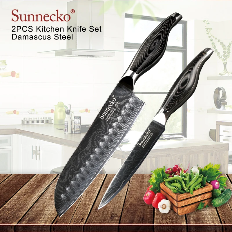 

SUNNECKO 2PCS Kitchen Knives Set Santoku Utility Knife Damascus Japanese VG10 Steel Blade Pakka Wood Handle Meat Fruit Cutting