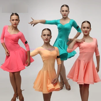 

New Lycra girls latin dance costumes senior half sleeves latin dance dress for girls latin dance exercise dresses S-XXXL