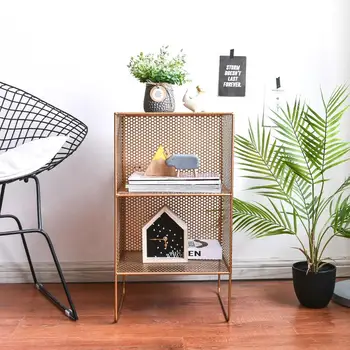 

Gold Iron art2 layer grid rack book Shelves creative metal Hollow Sundries storage box for Living room dining room63*35*24cm