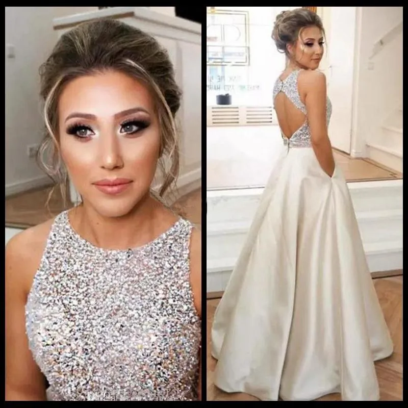 

Backless Champagne Satin Prom Dresses 2019 for Women Real Pictures Floor Length Beads Long Vestido De Festa Party Gowns