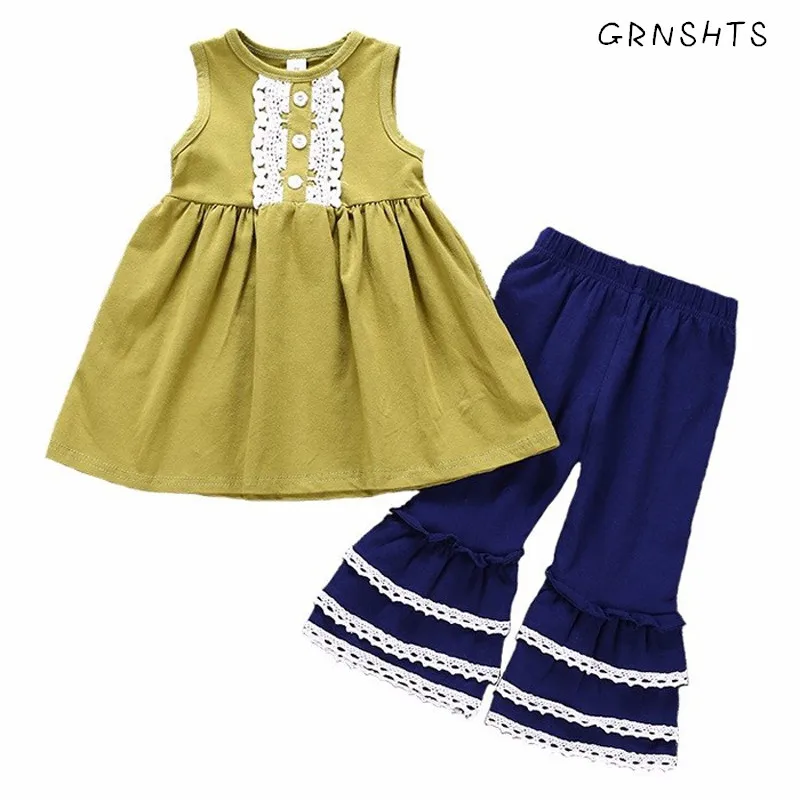 

GRNSHTS 2018 Toddler Summer Baby Kid Girl Clothes Sleeveless Lace Top Dress Ruffles Pants Kids Girls Clothing Set Outfits 2PCS