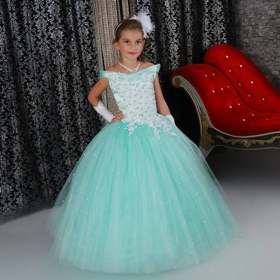 

Luxury Princess Dress Off Shoulder Flower Girls Dress Sequins Beading Lace Up Ruffle Little Girl Glitz Pageant Tulle Ball Gowns