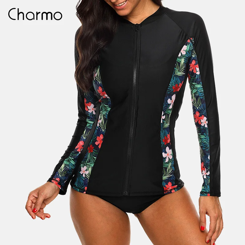 Charmo النساء سحاب أكمام طويلة Rashguard الأزهار طباعة الاندفاع الحرس ملابس تصفح أعلى طفح الحرس قمصان للجري UPF50 +