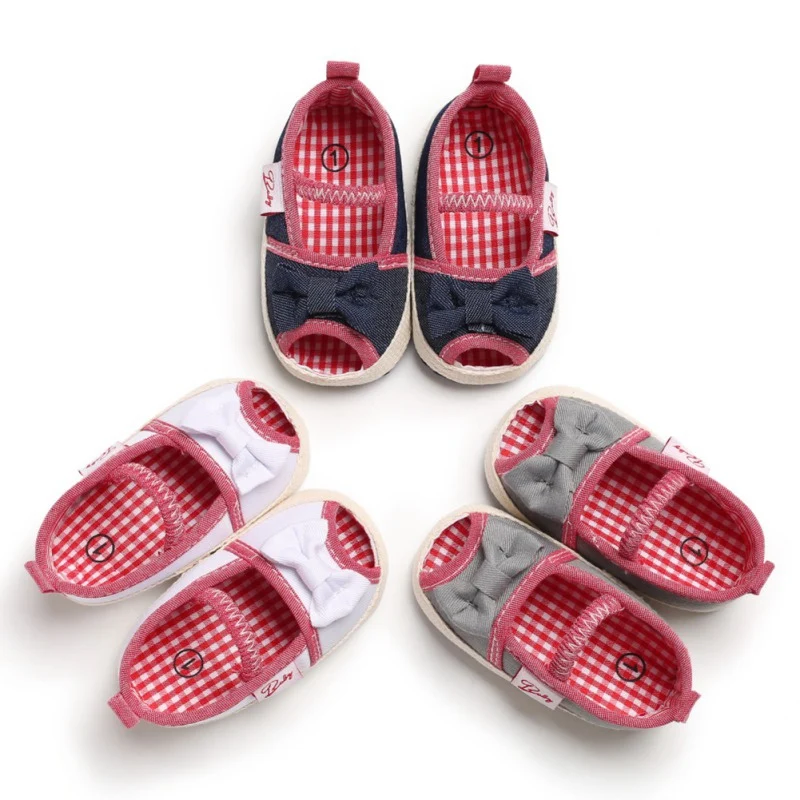 Летняя детская обувь с мягкой подошвой, в клетку, нескользящая, с бантиком, с рисунком, обувь для малышей, хлопок, для детей 0-18 месяцев
