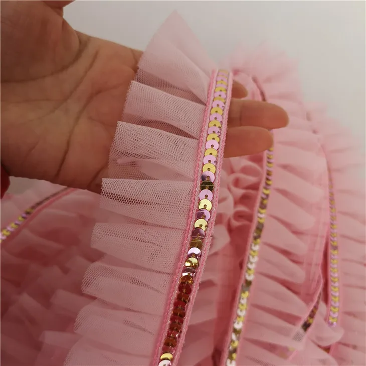 

5cm wide diy super good quality pink sequin mesh ruffle lace home handmade lace accessories