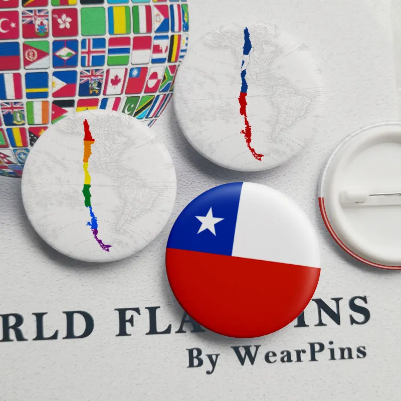 

Chile Flag Map Tin Button Pins LGBT Gay Rainbow Pride Tin Button Badges