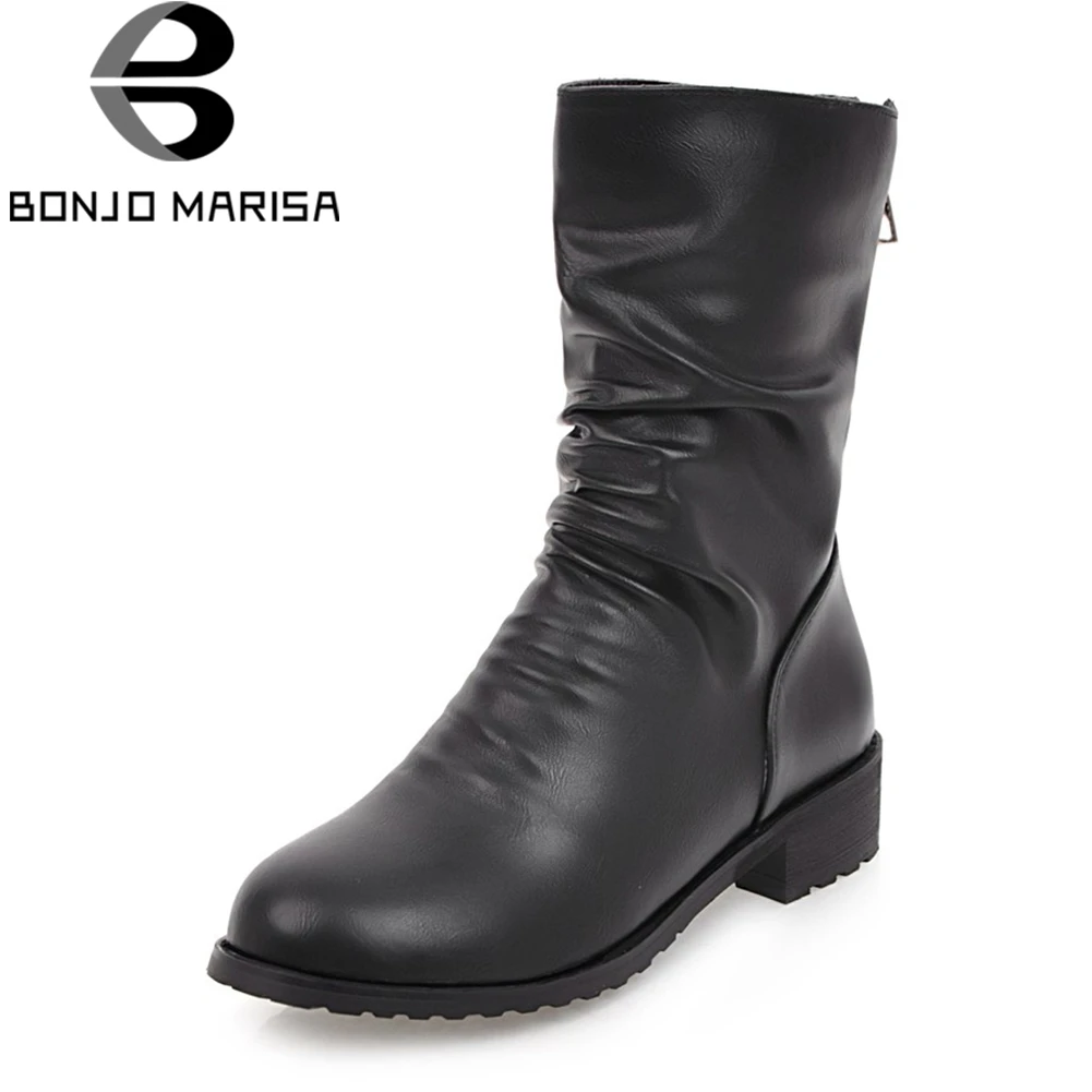 

BONJOMARISA 34-45 Large Size Pleated Platform 3.5cm Med Square Heels Solid Ankle Boots For Women 2019