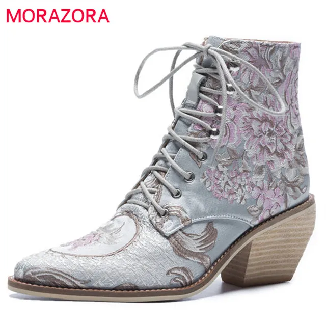 Best Price MORAZORA 2018 newest ankle boots women Chinese style embroider fashion boots lace up autumn winter ladies shoes big size 34-43