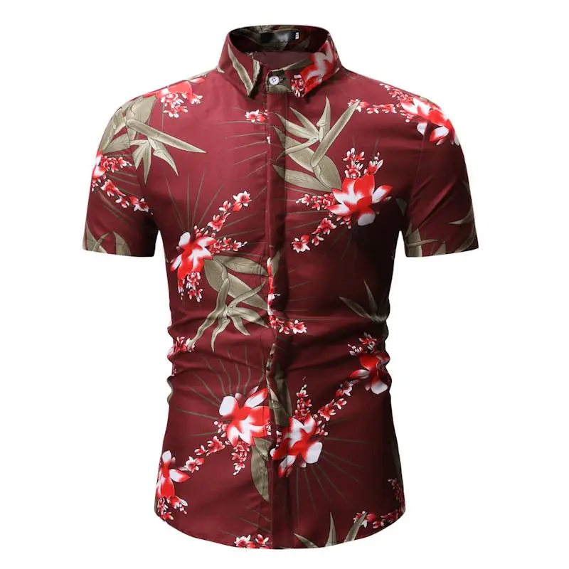 

Short Sleeve Mens Dress Shirts Men's Flower Shirt Casual Mens Clothing Loose Blouse Men Summer Red navy
